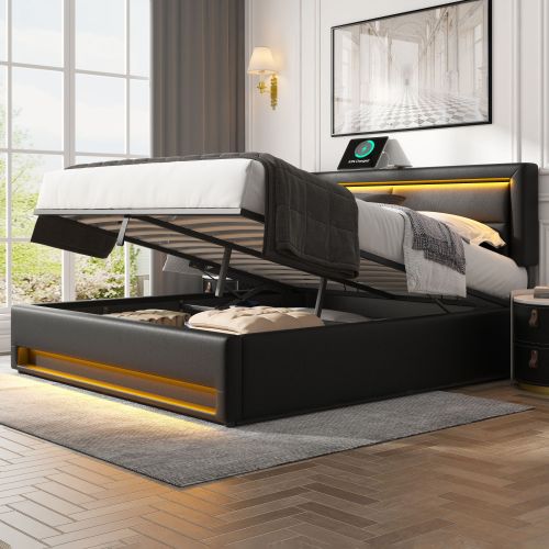 Upholstered Bed 135 X 190 Cm,Double Bed-4ft6,with USB Port  Supports Wireless And Wired Charging, With LED Lighting And Storage Space, Without Mattress, PU-Lychee Design, Black
