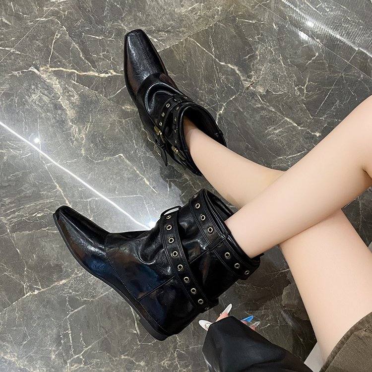 Women Retro Round Toe Buckle Long Boots, New Maillard Style Side Zipper Block Heel Platform Fashion Boots