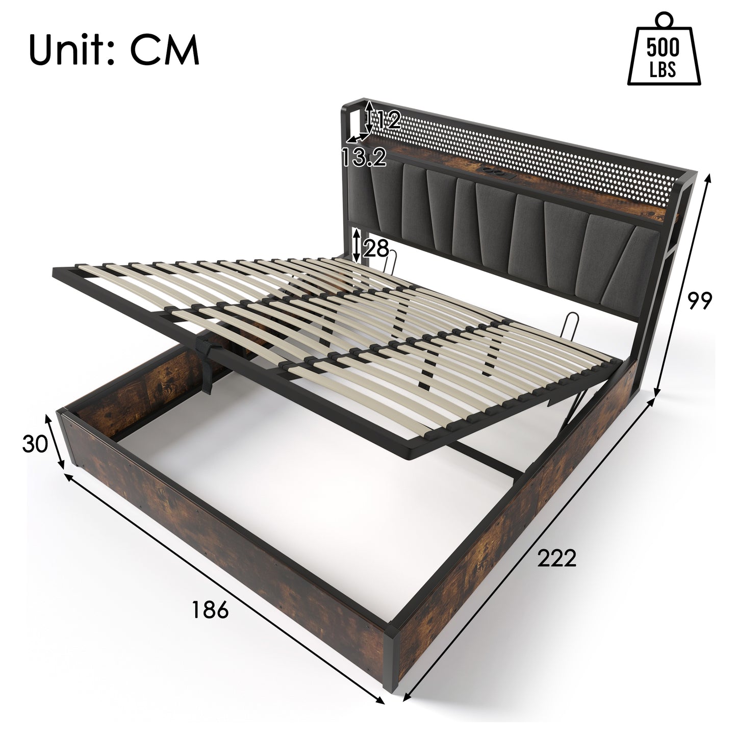Upholstered Bed Metal Bed LED App-Control Double Bed With Charging USB Charging Headboard And LED Lighting, Metal Bed 180x200cm Wooden Slatted Frame, Grey  Without Mattress