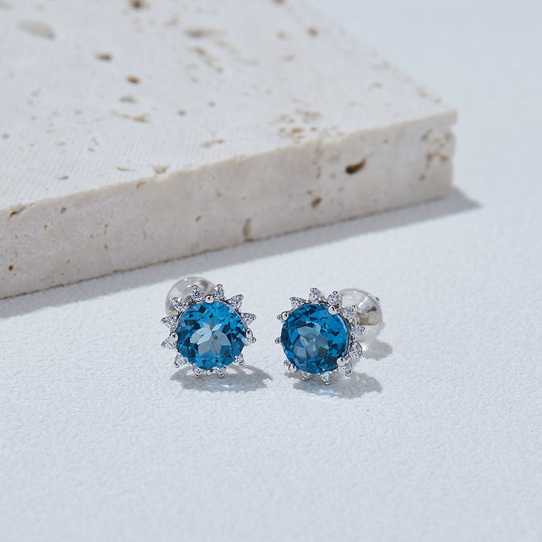 S925 Sterling Silver Starburst Stud Earrings, 6mm Natural Blue Crystal, Platinum Plated 1.6g, Sparkling Snowflake Earrings For Women, Fashion Jewelry Gift Box