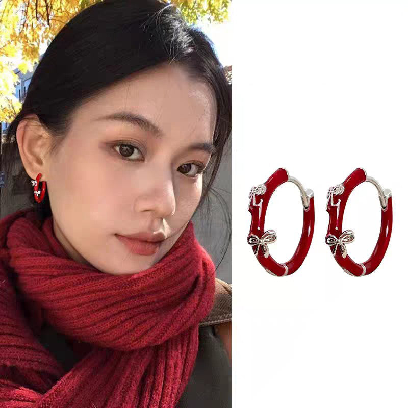 1 Pair 999 Sterling Silver Wine Red Enamel Butterfly Hoop Earrings, Retro & Elegant, Perfect For Daily, Dating & Festivals, Ideal Valentine's Gift