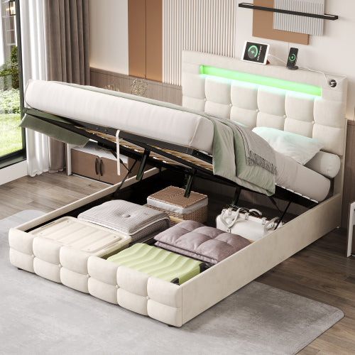 4ft6 Double Upholstered Bed Frame With Hydraulic Storage, Velvet Ottoman Bed With LED Lighting And Charging Station, Double Bed With Adjustable Button Tufted Headboard, Beige