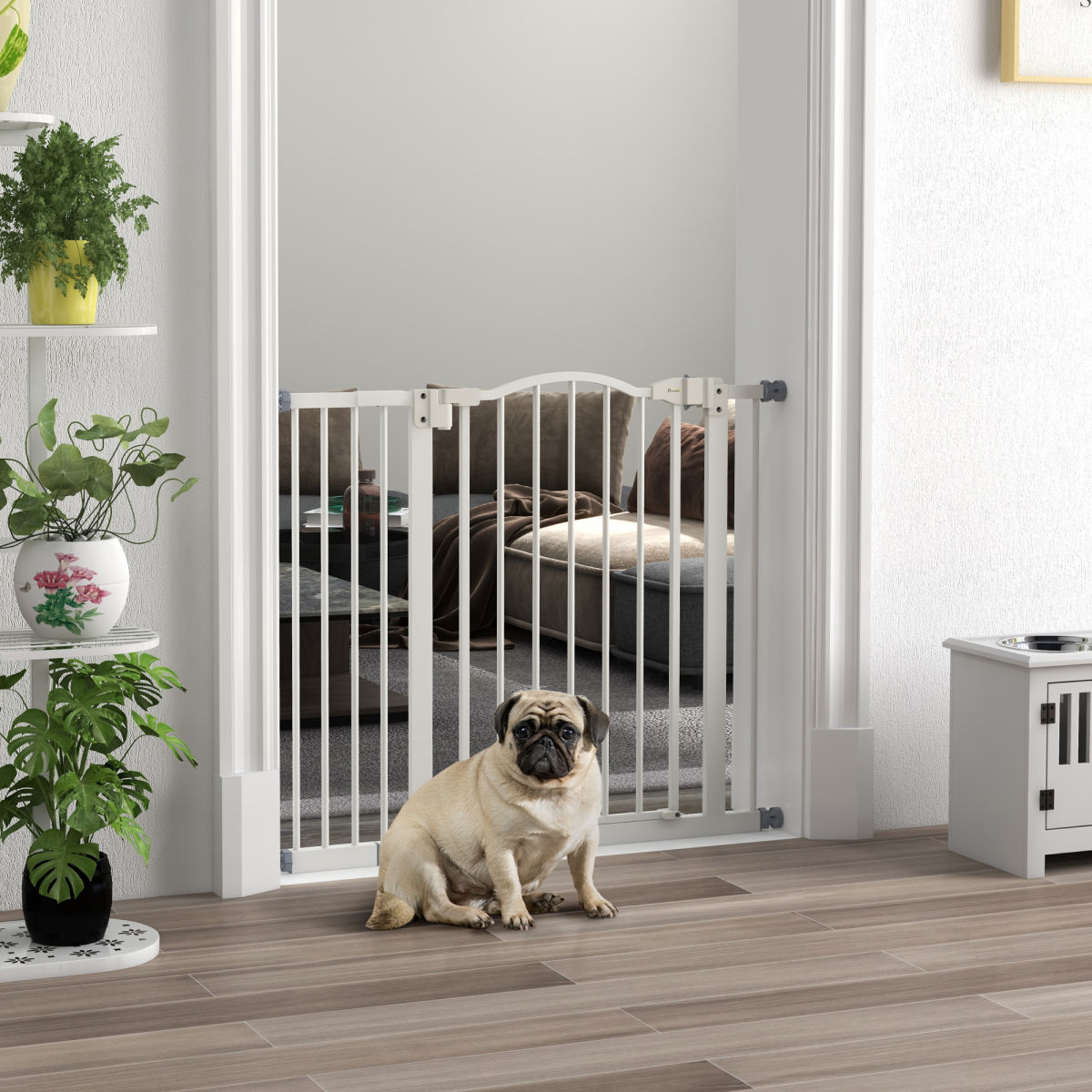 PawHut Metal 74-94cm Adjustable Pet Gate Safety Barrier W/ Auto-Close Door White