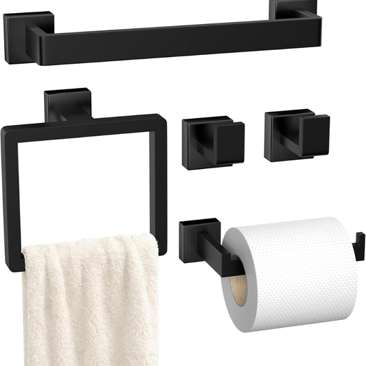 5-Pieces Matte Black Bathroom Hardware Accessories Set SUS304 Stainless Steel Bath Towel Bar Set Wall Mounted