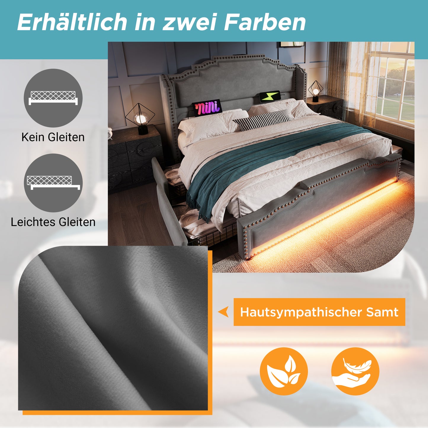 Upholstered Bed 140x200, Double Bed With 4 Drawers, LED Lighting And USB-C Charging Port, Storage Bed And Youth Bed With Slatted Base, Velvet, Grey, Without Mattress