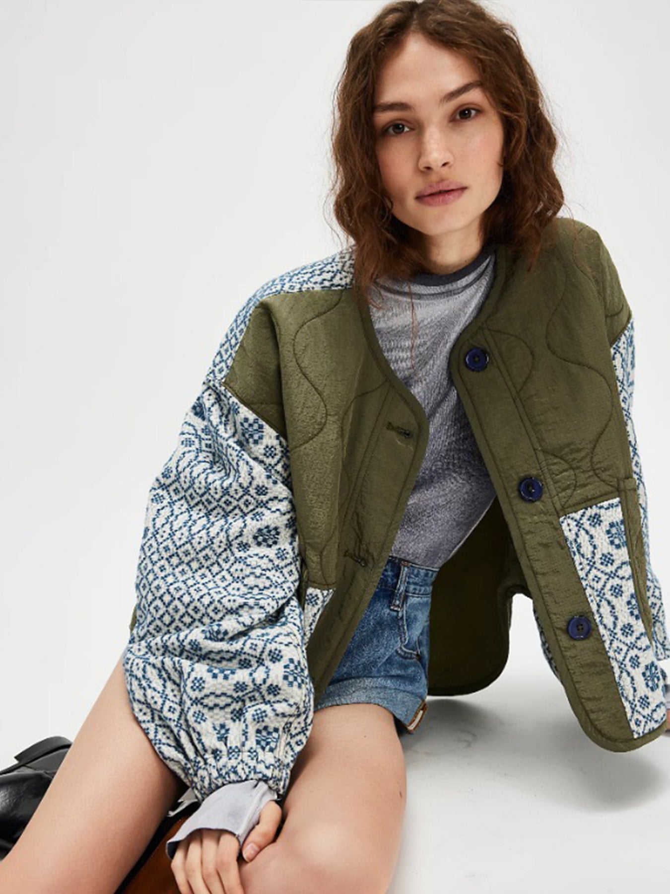 New Women's Warm Quilted Printed Patchwork Button Lightweight Cotton Coat, Slim Fit, Suitable For Autumn And Winter.