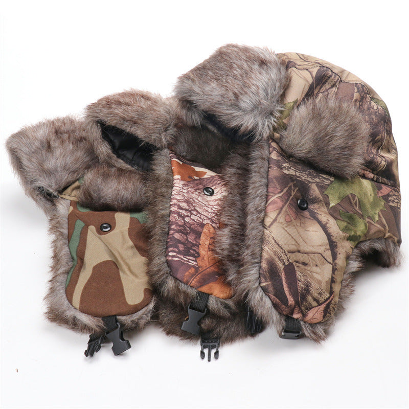 Windproof Mens And Womens Outdoor Thickened Leaf-Camouflage Lei Feng Cap