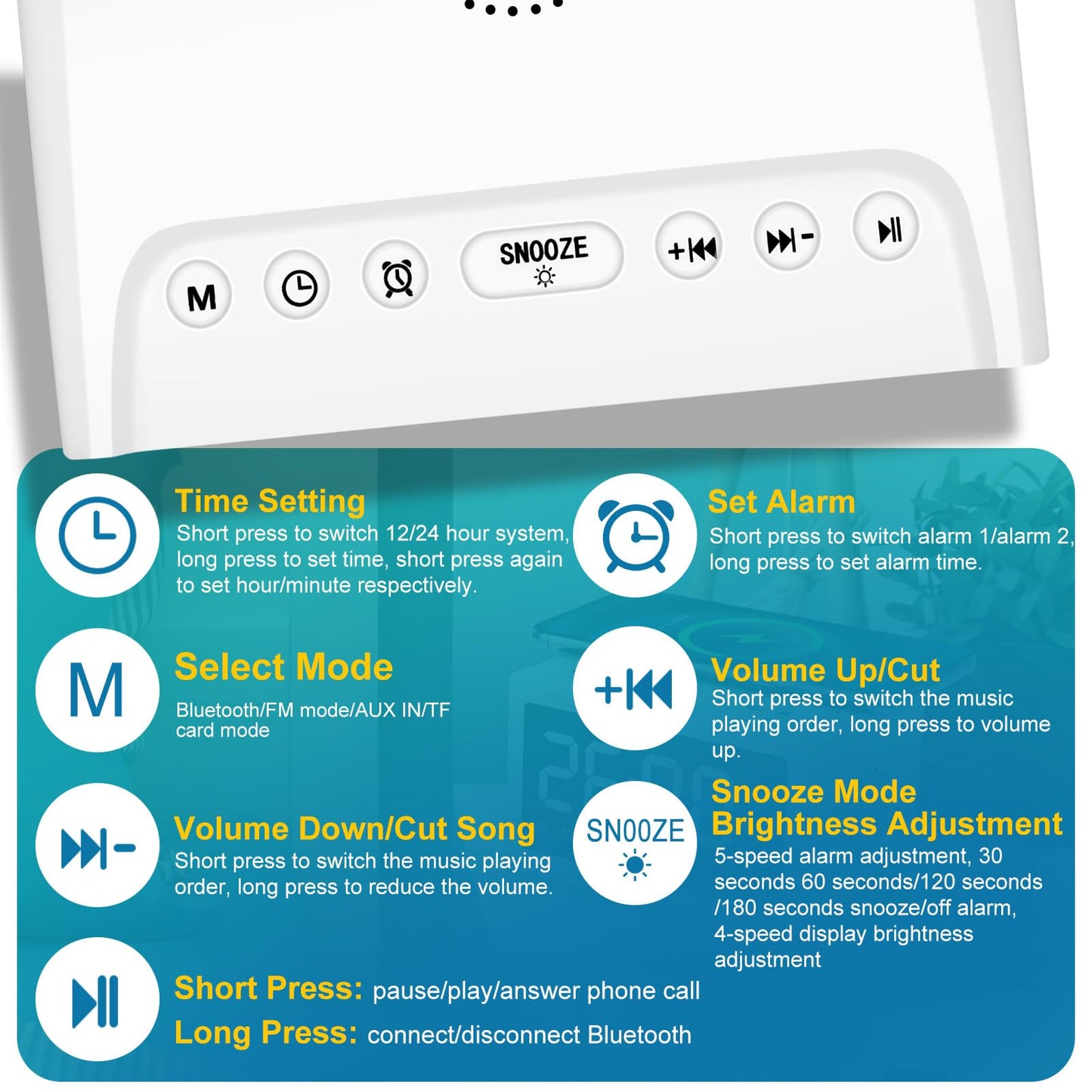 Alarm Clocks Bedside, Digital Alarm Clock Radio With Bluetooth Speaker, USB Charging Port, FM Radio, Universal Wireless Qi Charging, Dimmable LED Display, Dual Wireless Speaker For Home, Work