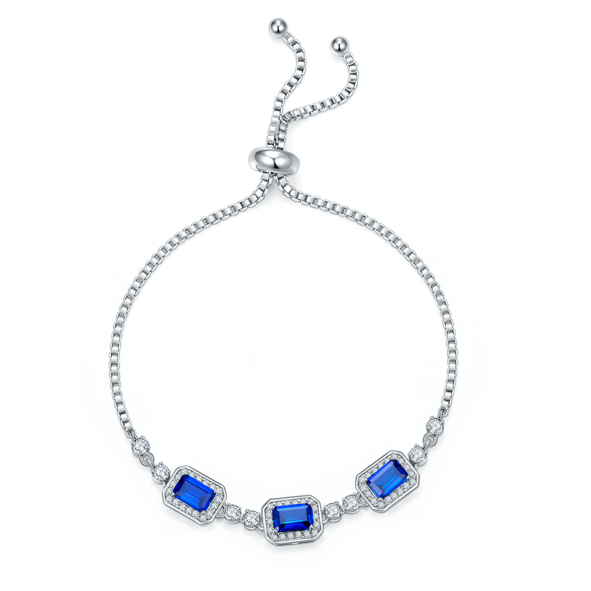 S925 Sterling Silver Adjustable Bolo Bracelet, 6x4mm 3-Stone Lab-Grown Emerald Sapphire Halo, 21cm Platinum Plated 6.2g Women's Jewelry Gift Box