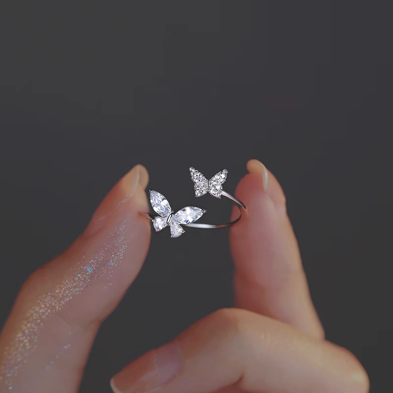 1 Piece 999 Sterling Silver Double Butterfly CZ Ring, Open Adjustable Band Style, For Daily Wear & Valentine's Gifts