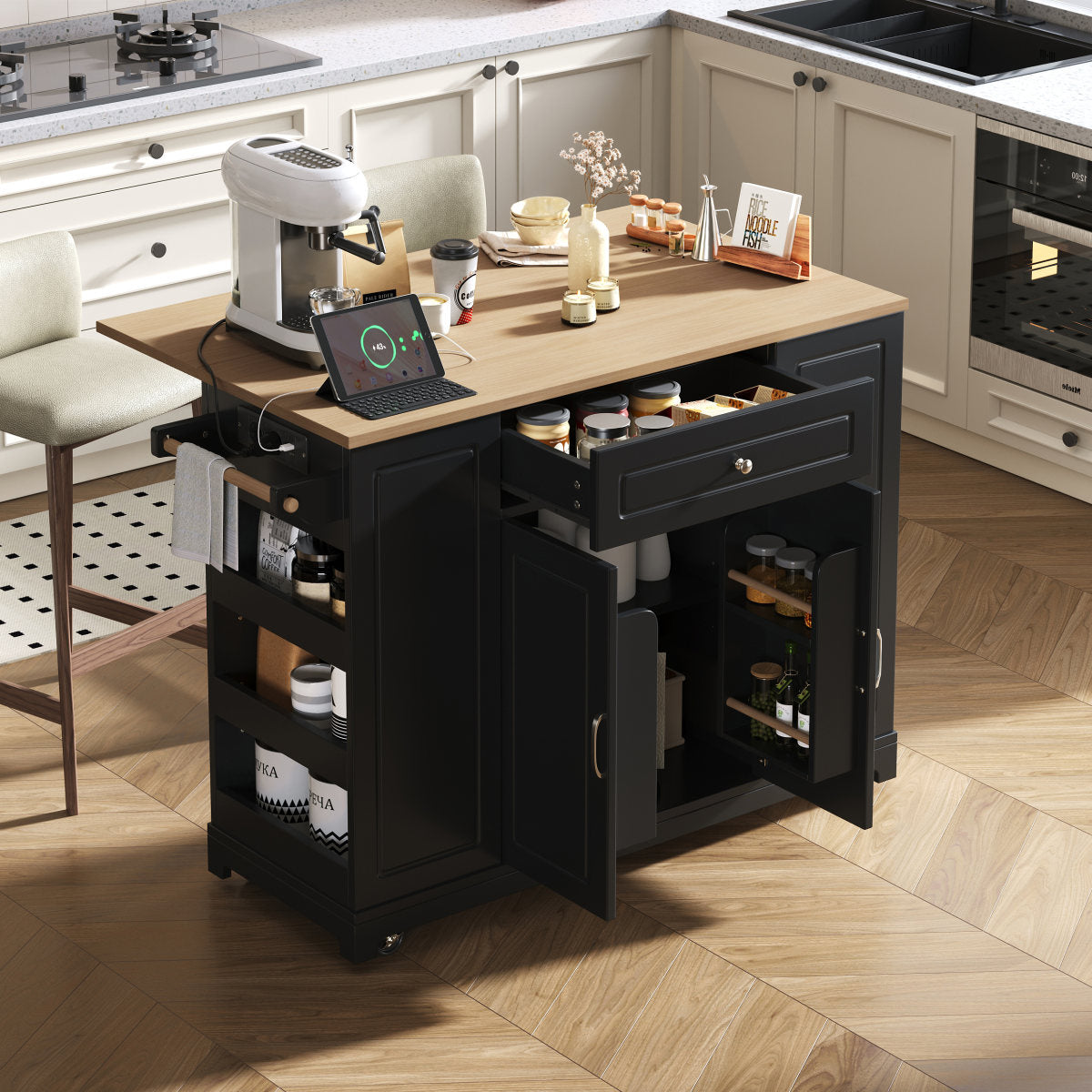 Kitchen Island With Wheels, Extendable Dining Area Kitchen Island With Multifunction Drawers And Waste Bin Compartment, Mobile Kitchen Island Ideal For Kitchen And Dining Room Black