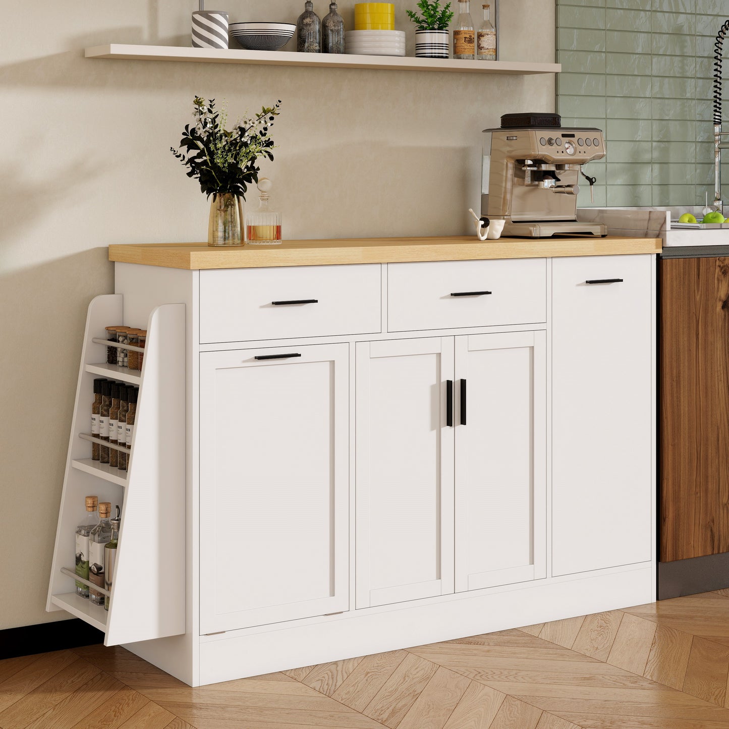 TREXM Multi-Functional Storage Sideboard  Trash Can Storage  Sliding Door Cabinet & 3-Tier Spice Rack Kitchen Island Table For Kitchen  Dining Room  White