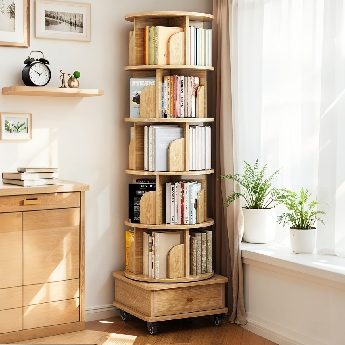 6 Tier Rotating Bookshelf,   Display Round Spinning Bookshelf With Wheels And Drawer, Space-Saving, Small Space Rotating Bookshelf Tower For Bedroom, Living Room, Home, Office, Wood Color