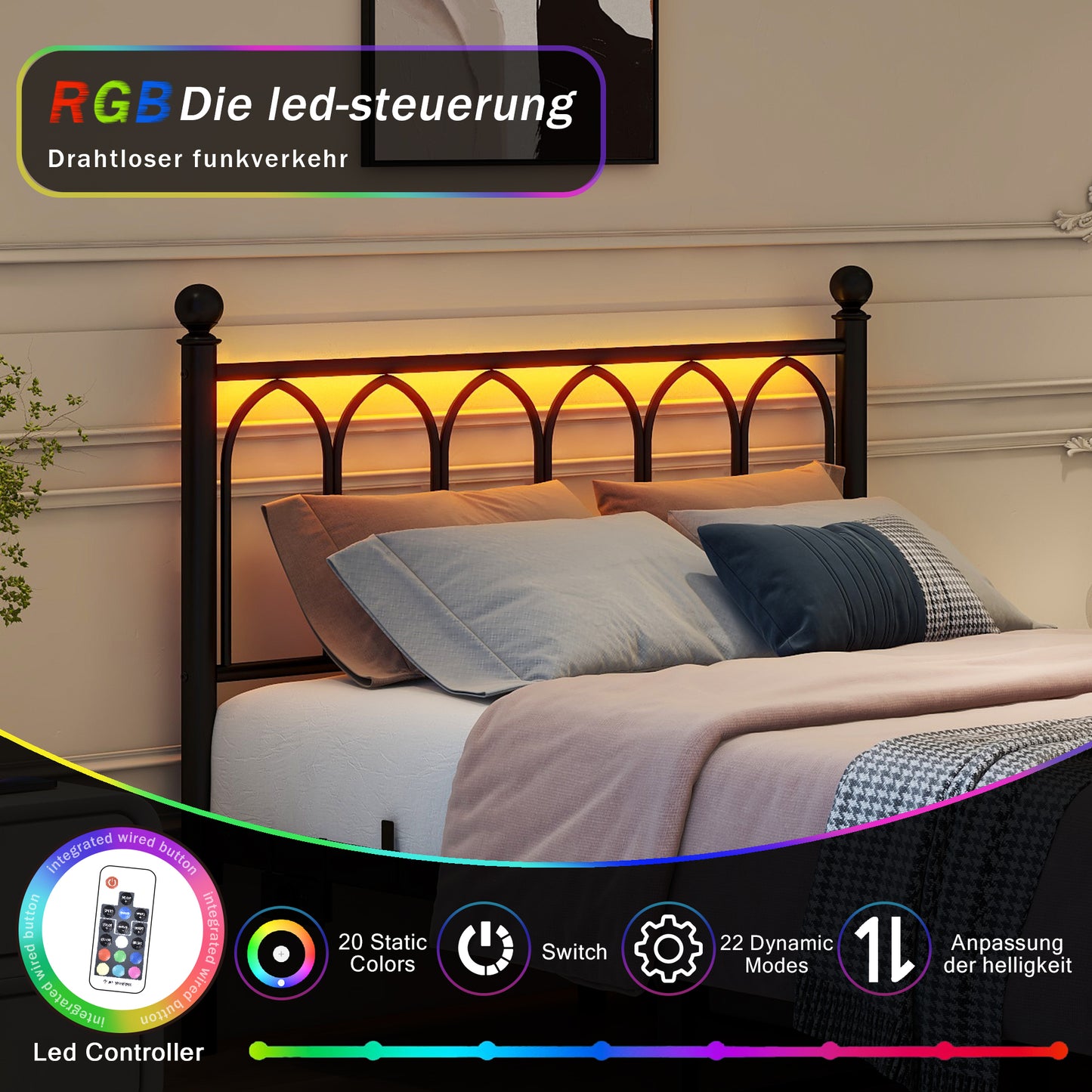 120x200cm Metal Bed Frame With Vintage Head And Footplate, USB Charging Station, LED Bed Frame, Heavy Duty Steel Slat Support, Range Underbed Storage, No Box Spring Required, Black