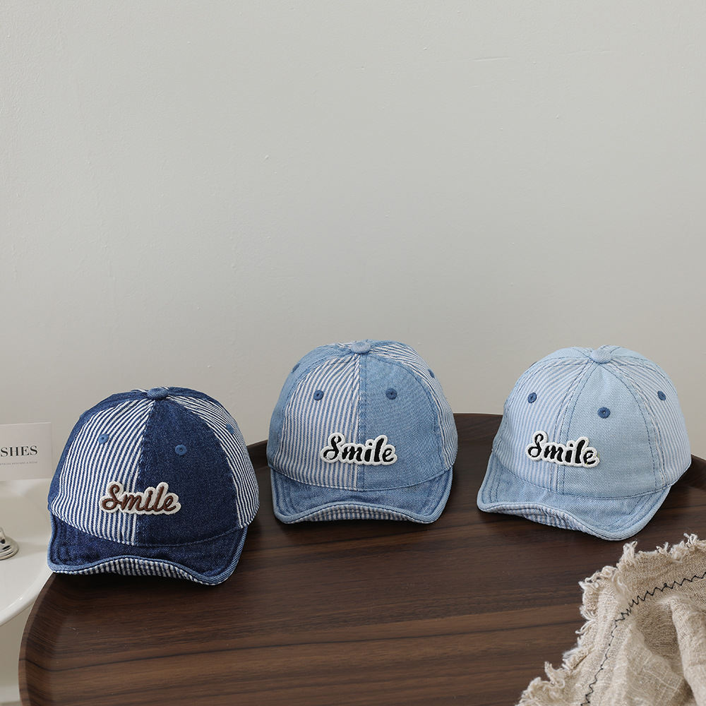 Patchwork Stripes Washed Denim Baby Beanie With Letter Patch Soft Brim Baseball Cap For Outdoor Versatile Casual Wear