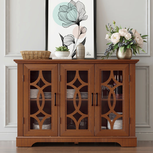 48.66 X 15.55 X 34.06in Spacious Size Sideboard 3 Clear Tempered Glass Doors Buffet With Adjustable Shelf, MDF With Dark OAK Decorative Laminates Storage Cabinet For Dinning Room, Kitchen,living Room