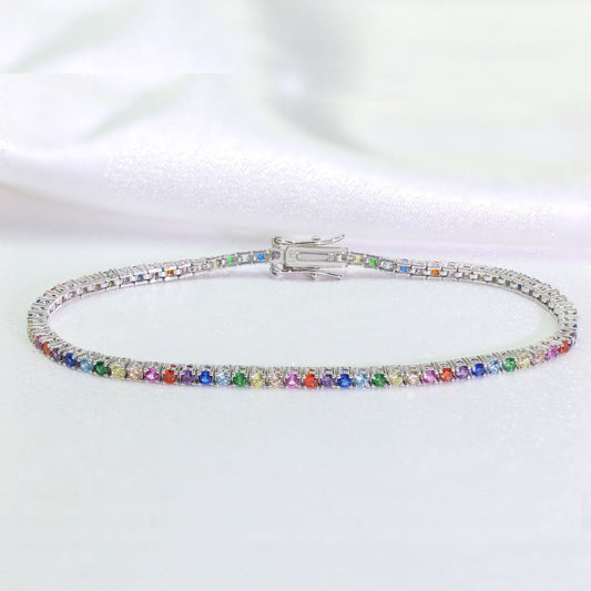 New Color-block, Single-row Inlaid Tennis Bracelet For Women Personalized 925 Silver With Colorful Zircon Stones