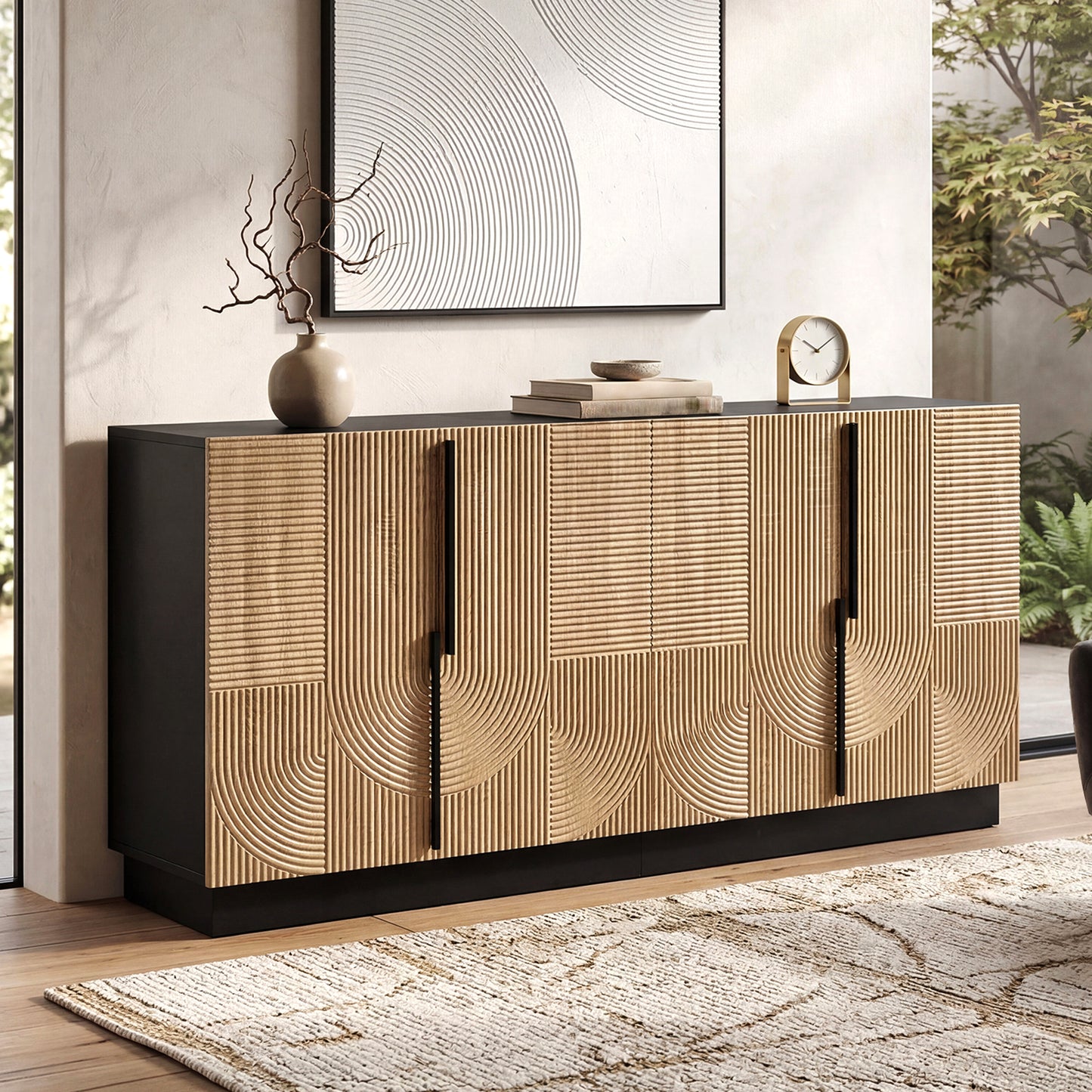 Sideboard, Living Room Cabinet, 4 Doors, Relief Front, Metal Handles, PB MDF Body, Dining Room Cabinet, Hallway Cabinet