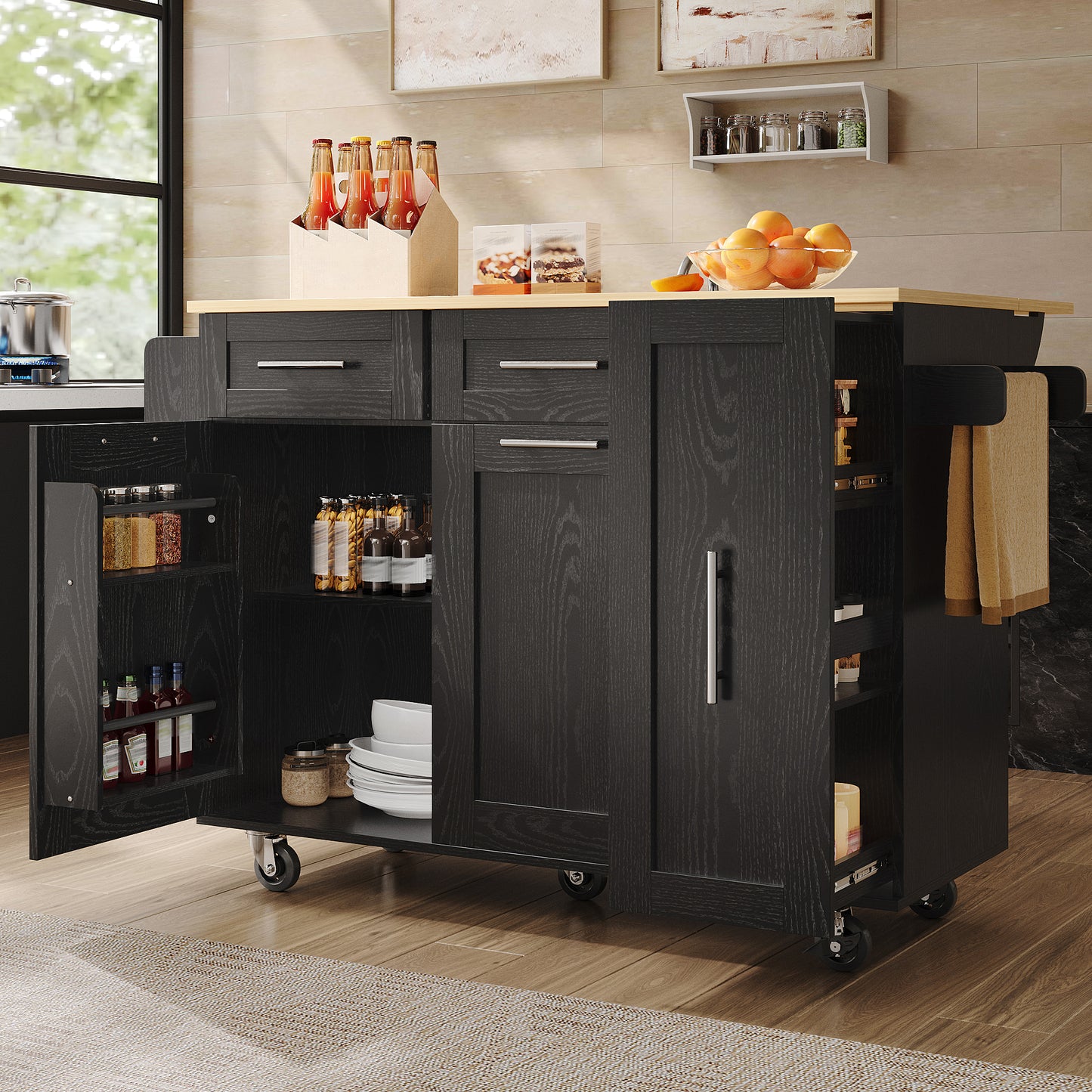 Modern Kitchen Island, Kitchen Cabinet, Buffet Cabinet, Wood-Grain Dining Cart, Multifunctional Dining Table With Storage Space, Dining Cart With Snack Shelves And Stretch Function Cabinets, Black