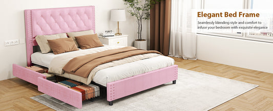 Queen Size Bed Frame With Upholstered Button Tufted Headboard Wood Slat Support Metal Platform Bed Frame With 4 Drawers No Box Spring Needed Easy Assembly For Home