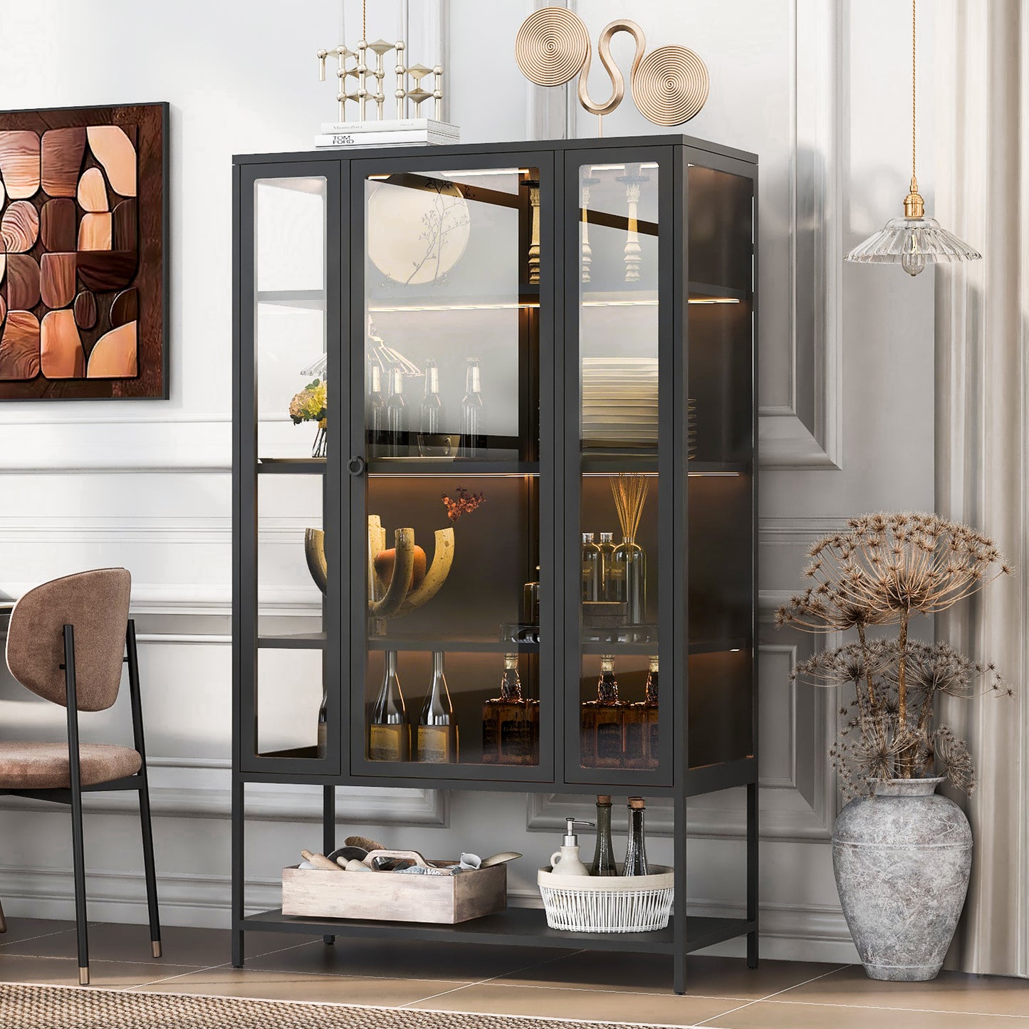 67.25  Tall Iron Display Cabinet With Glass Door And LED Lights Steel Curio Cabinet For Collectibles Figures Trophies 3-Sided Glass Display Case For Home Office Study Room Stores Playroom - Black