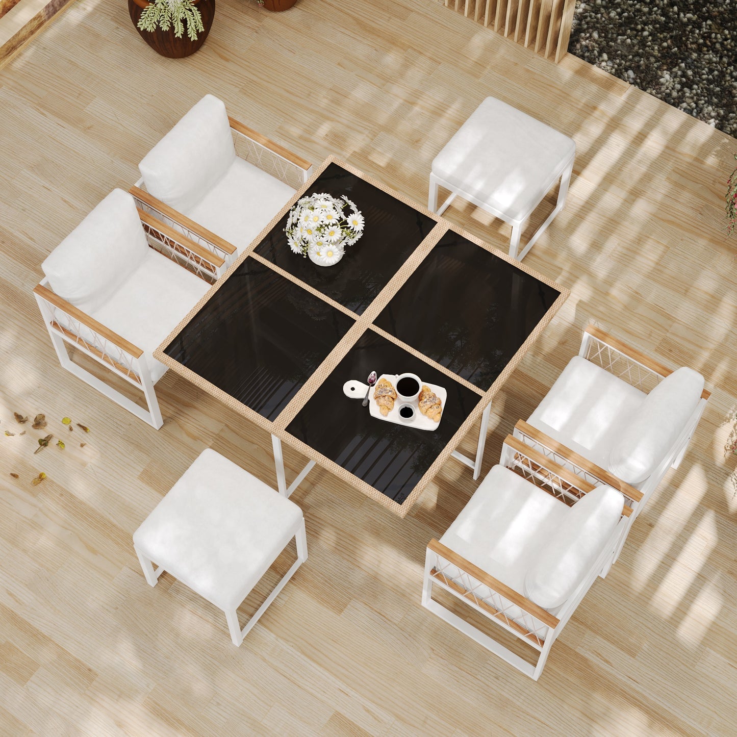 This 7-piece Garden Furniture Set Can Accommodate 6 People. It Features A Tempered Glass Tabletop With Polyester Rope Wrapping And WPC Handrails, Making It Ideal For Outdoor Applications.