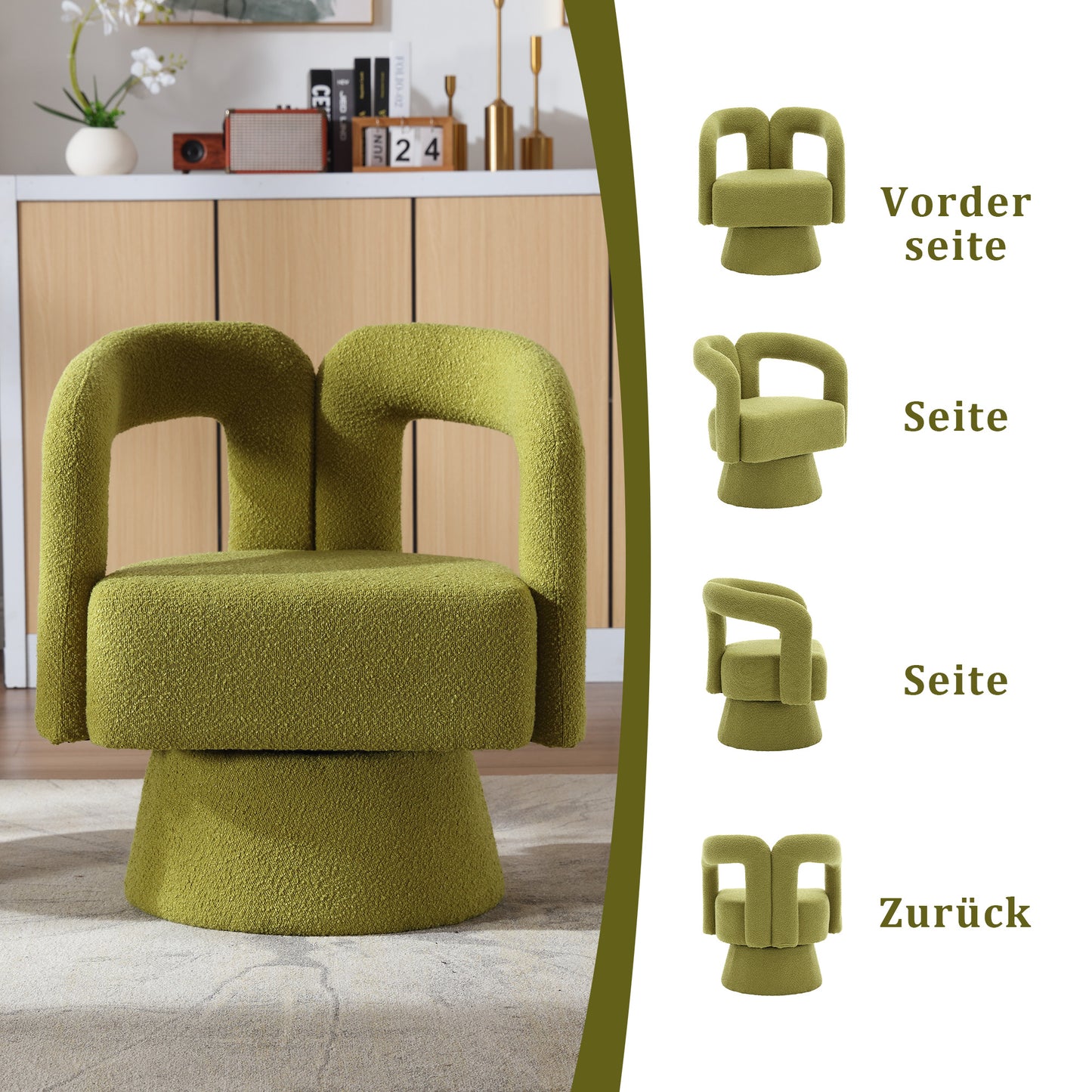 Old SKU W1880P163401 360 Degree Swivel Snuggle Barrel Accent Chairs, Round Armchairs With Wide Upholstery, Fluffy Fabric Armchair For Living Room, Bedroom, Office, Waiting Rooms, Olive