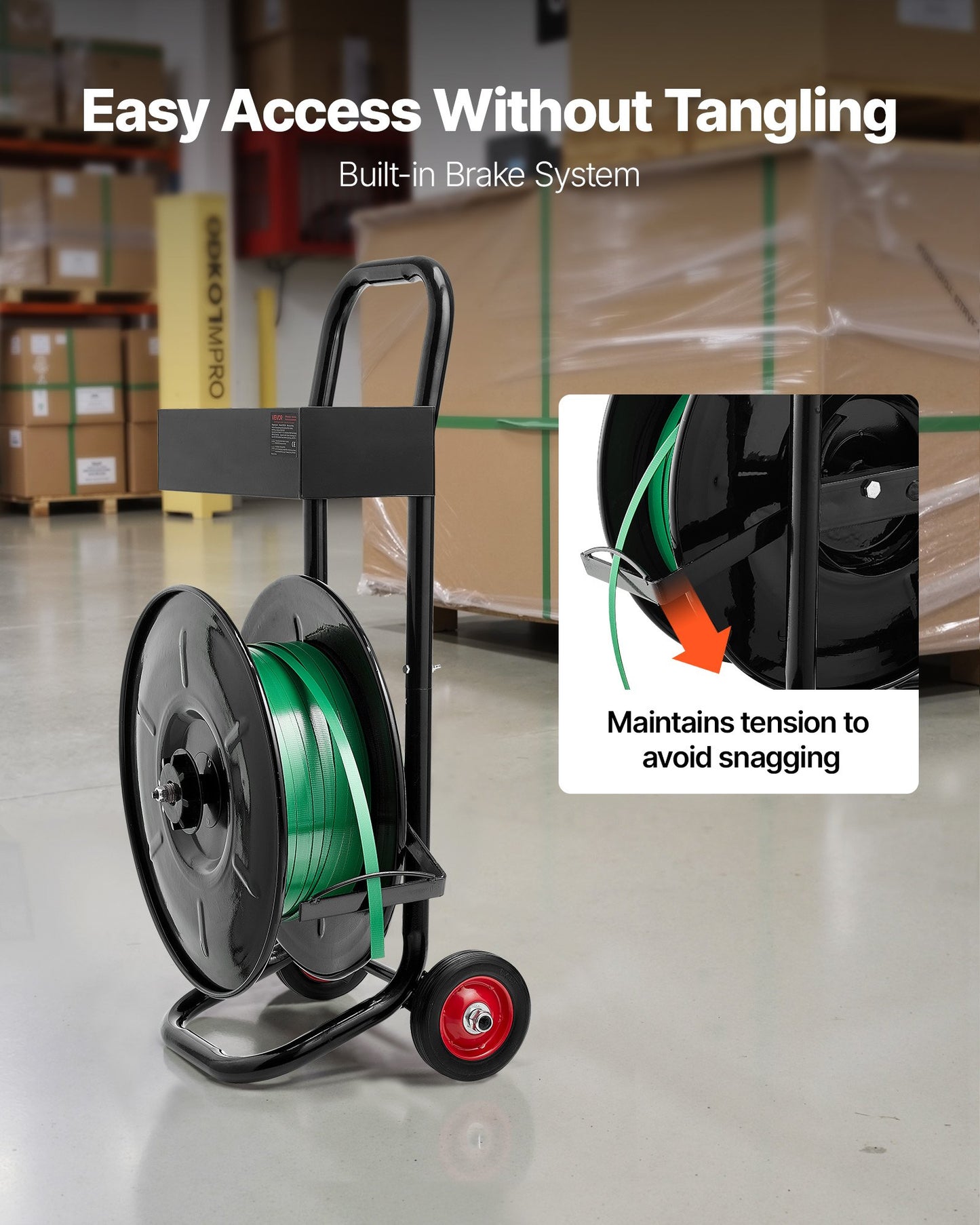 Banding Strapping Cart, Fit For PET / PP / Polyester Strapping Coils With 8 Inches Core Size, Heavy Duty Strapping Dispenser Equipped With Upgrade Brake System, Built-in Spacious Tray For Tools