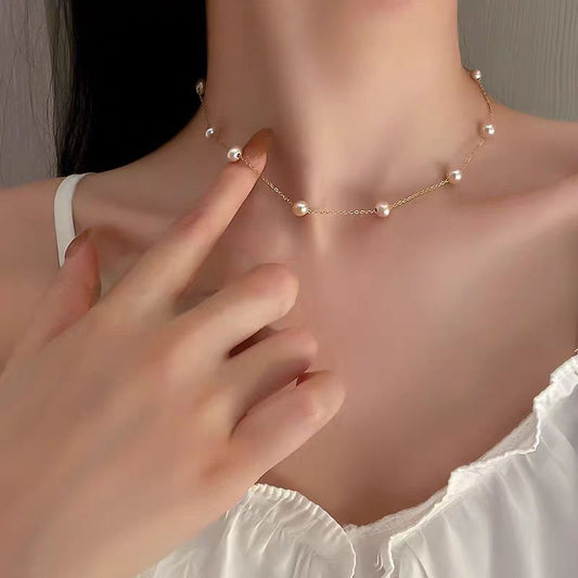 Korean-style Minimalist Pearl Geometric Necklace Womens Delicate Chain