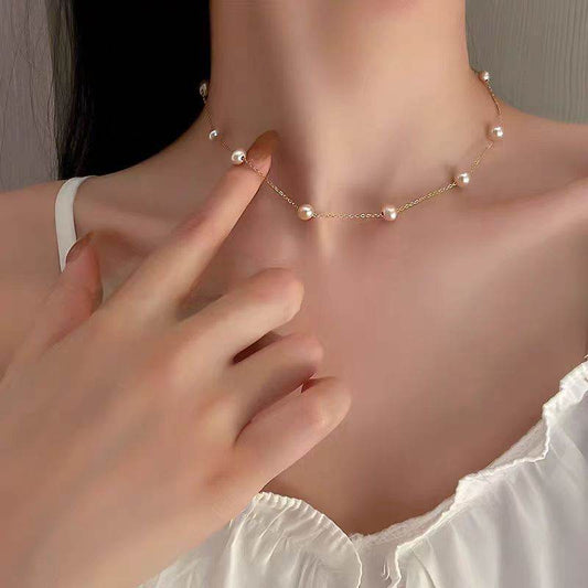 Korean-style Minimalist Pearl Geometric Necklace Womens Delicate Chain