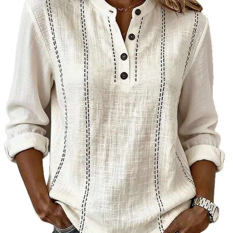 New Summer Loose Fitting Mandarin Collar Long-Sleeve Shirt