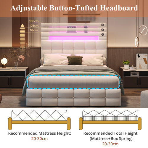 4ft6 Double Upholstered Bed Frame With Hydraulic Storage, Velvet Ottoman Bed With LED Lighting And Charging Station, Double Bed With Adjustable Button Tufted Headboard, Beige