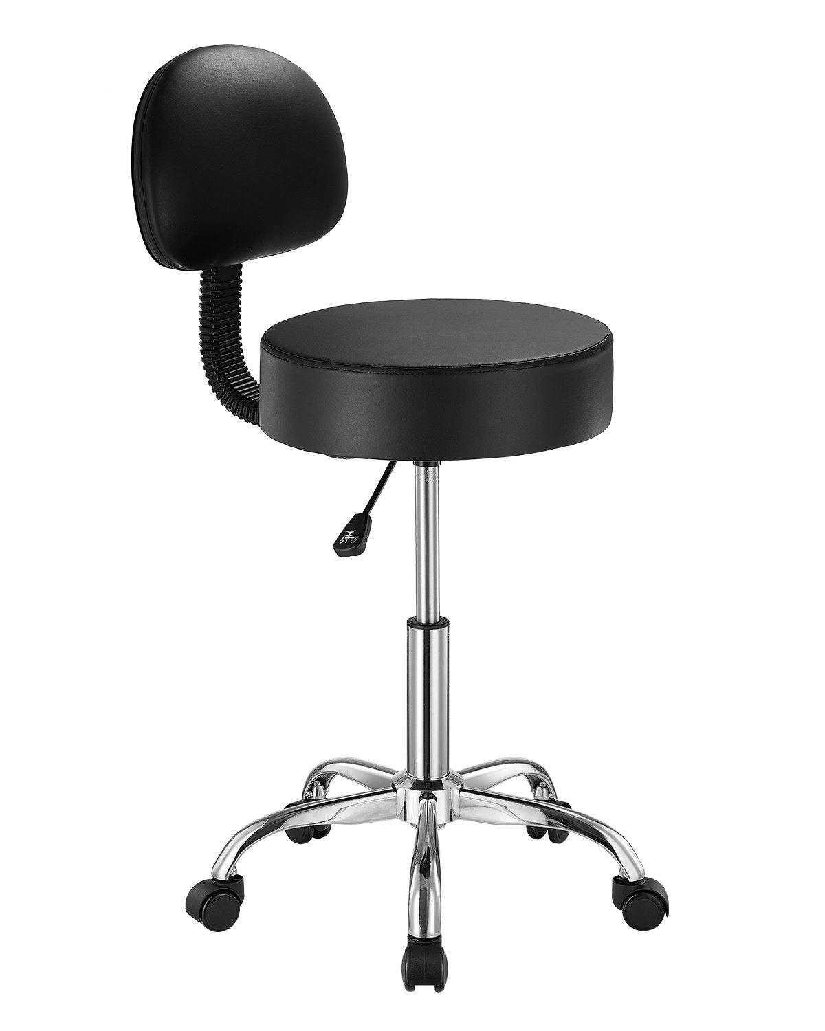Rolling Stool With Back Support And Wheels, 450 LBS Weight Capacity Round Rolling Stool Chair, Height Adjustable Thickened PU Leather Swivel Stool For Salon, Spa, Massage, Tattoo, Clinic, Black