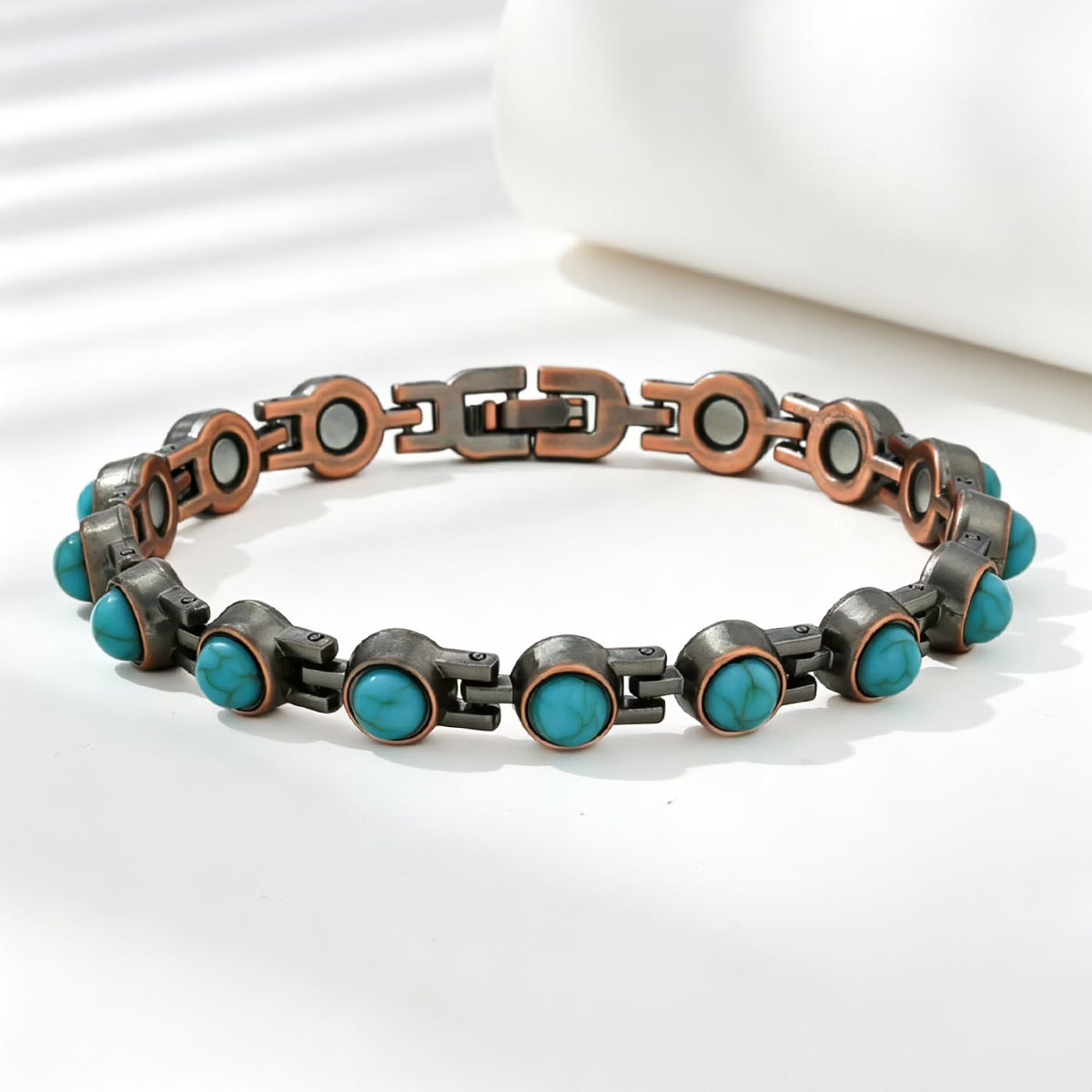 Temu Cross-Border Best-Selling Couple's Bracelet, Fashionable Antique Red Copper Brushed Design, Creative Upgraded Blue Turquoise Magnetic Bracelet, Adjustable