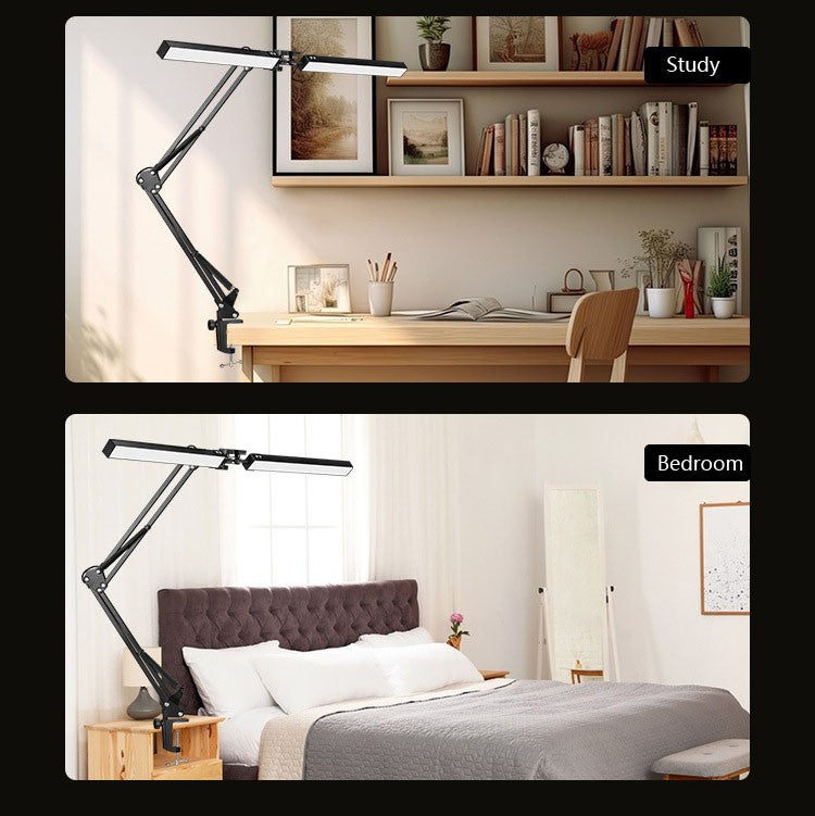 Double-Head Led Desk Lamp Swing Arm Clamp Folding Dimmable Adjustable Brightness