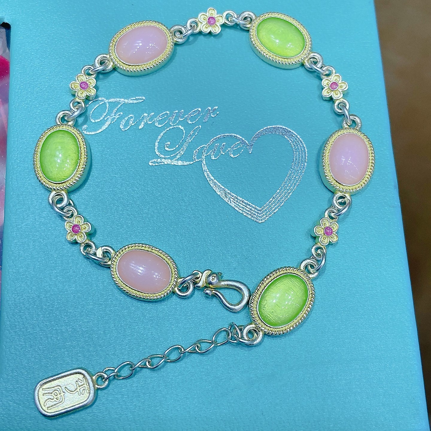1pcs 999.9 Sterling Silver Gold-Plated Enamel Stone Bracelet, Luxury Retro Style, Ideal For Birthdays & Holiday Gifts