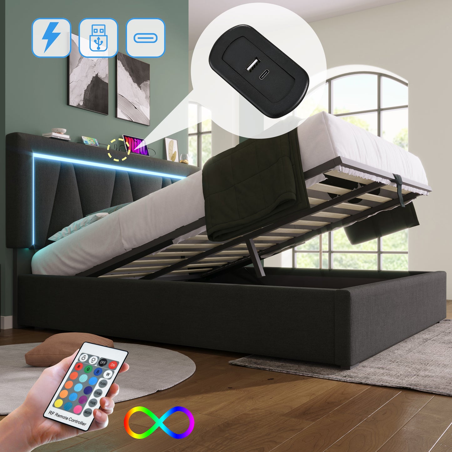 Upholstered Bed LED Double Bed With USB Type C Charging Function And LED Lighting,Storage Beds Bed Frame Made Of Linen Material Youth Bed 160x200 With Slatted Base Without Mattress
