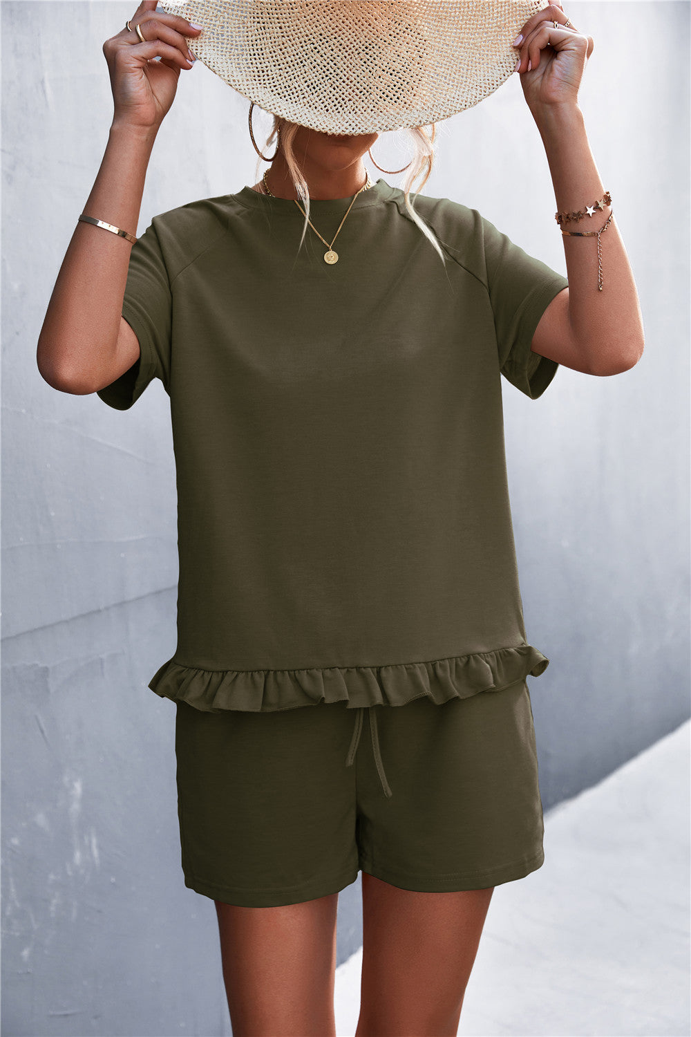 Spring And Summer New Product Best-selling Solid Color Round Neck Ruffled Short Sleeves Shorts Casual Suit