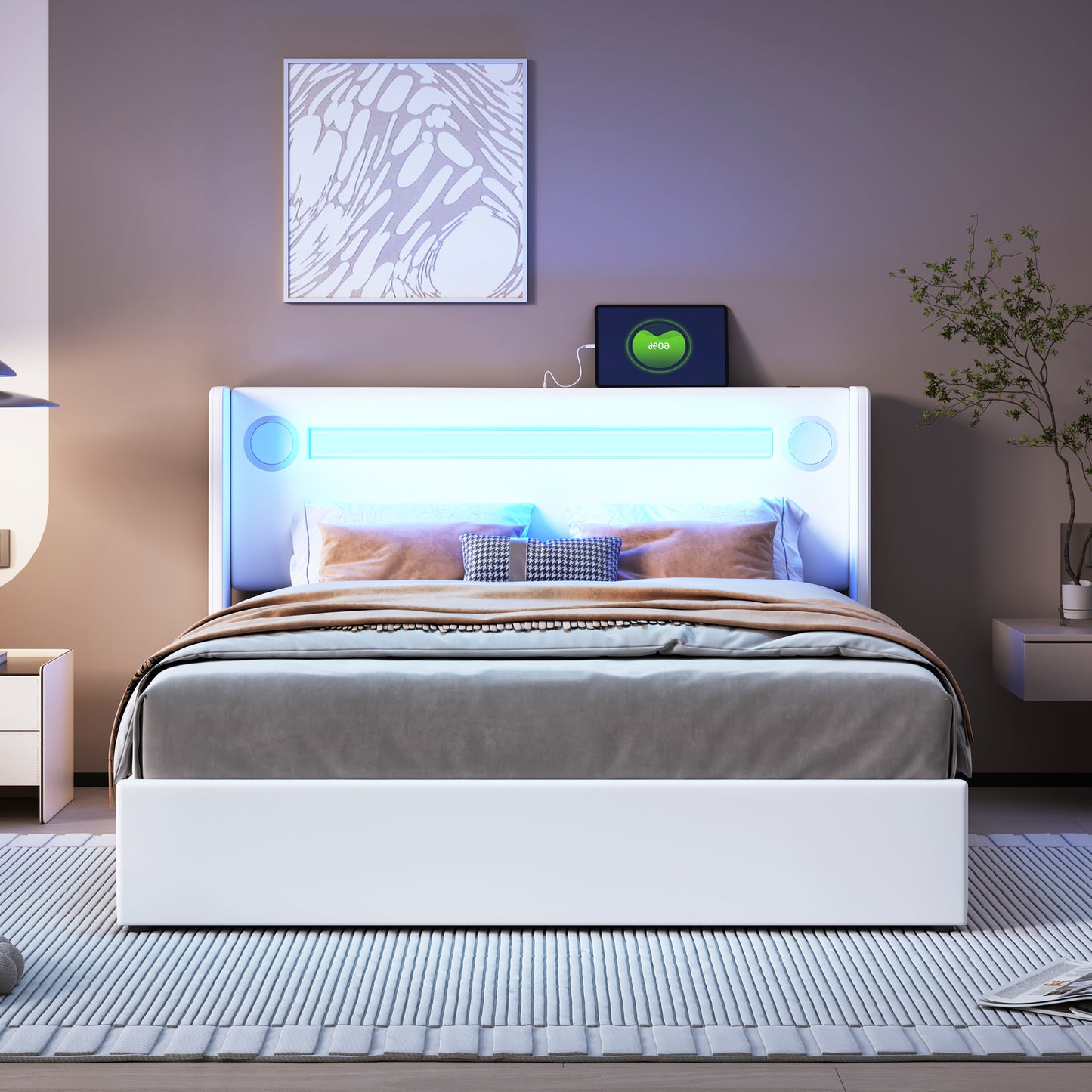 Upholstered Bed 140x200 Bed With LED Light Strip, Bluetooth Player And USB Charging, Storage Bed Made Of PU Leather, Loft Bed Box, Double Bed With Slatted Base White