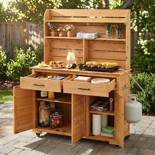 Assembly Video- TOPMAx 65 H Large Garden Potting Bench With Lockable Wheel And Storage Cabinet  Wood Outdoor Kitchen Island Prep Cart With Hutch Top  Drawers And Removal Shelves For Grilling  Natural