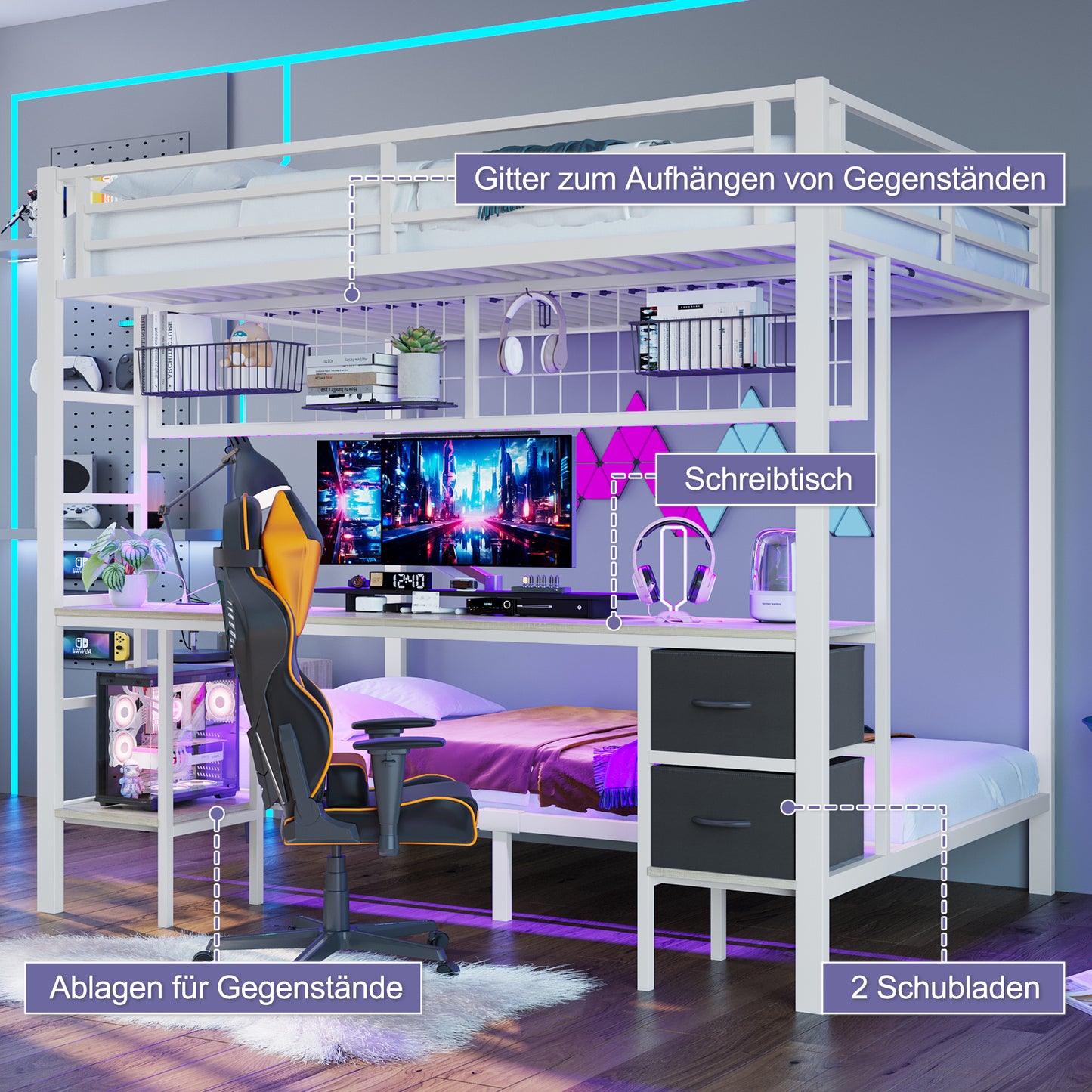 Loft Bed, 90x200 And 140x200, Iron Frame, Drawers, Shelves For Objects, Grid For Hanging Objects, Desk, With 7-color LED Bar, USB Port, Without Mattress, White