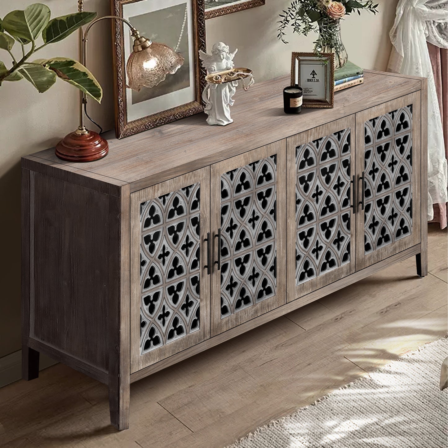 Hollow Four Door Antique Cabinet, American Country Style, Suitable For Living Room, TV Cabinet, Kitchen  Brown