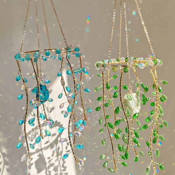 New Crystal Glass Green Willow Branch Hanging Ornament Home Decor Wind Chime