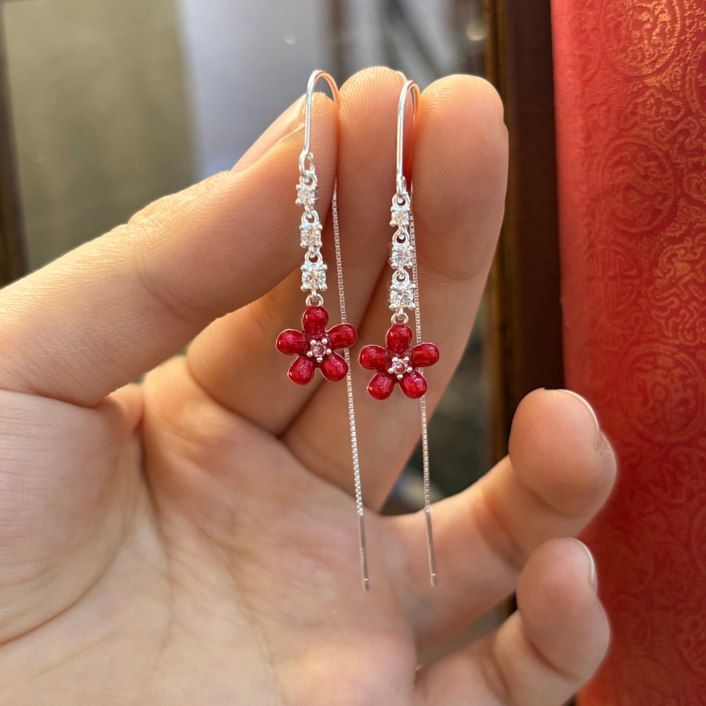 1 Pair 999 Sterling Silver Red Flower Zircon Long Threader Earrings, Sweet & Elegant, Perfect For Daily, Dating & Gifting, Ideal Valentine's Gift