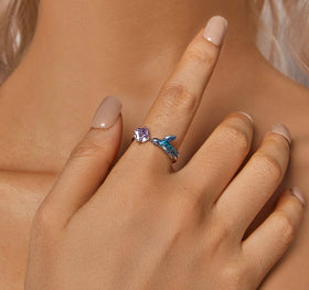 Gradient Kingfisher Petal Opening Smart Bird Sterling Silver Ring