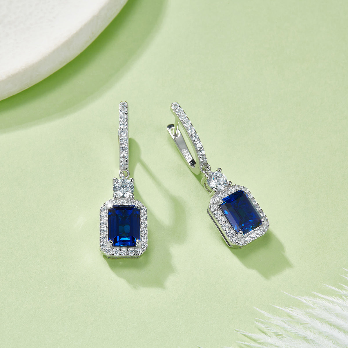 S925 Sterling Silver Lab-Grown Emerald Cut Drop Earrings, 6x8mm 6ct Ruby Sapphire Emerald, Platinum Plated 5.2g Women's Jewelry Gift Box