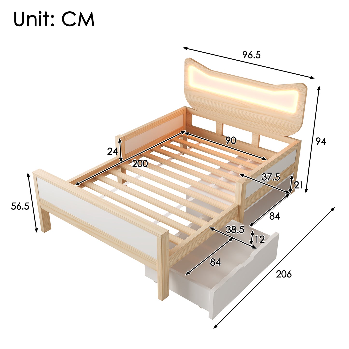 Children's Bed 90x200 Cm With Cat Ears, Headboard & RGB LED Lighting, Slatted Frame, Flexible Drawer & Storage Compartment Can Be Mounted Left Right, Child-proof Safety Gate, In White And Oak, Without