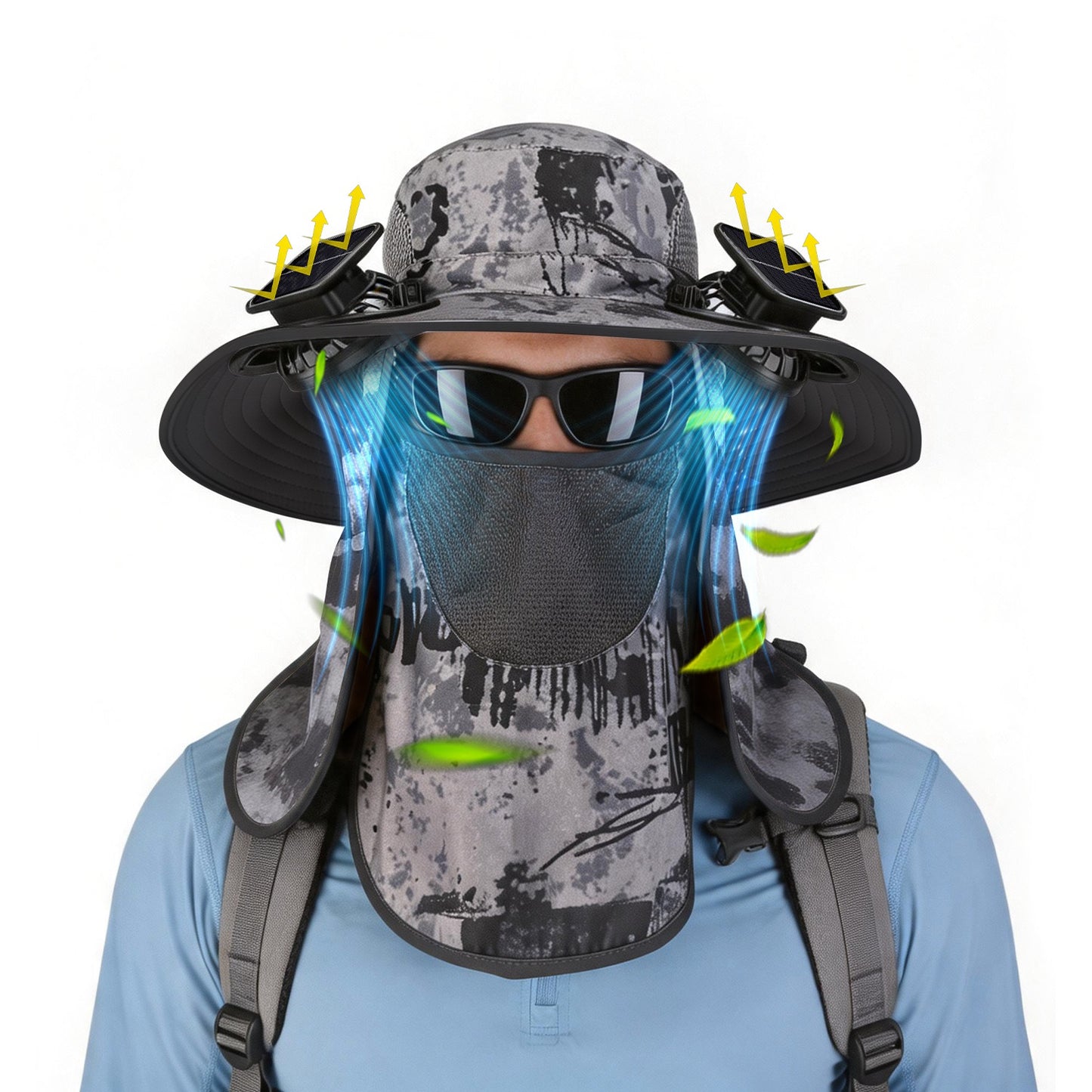 1Pc 2 In 1 Solar Fan Hat UPF50 Sun Hat With Fans Wide Brim Fishing Hat With Face Cover Neck Flap Solar USB Charging For Hiking Gardening Outdoor Work
