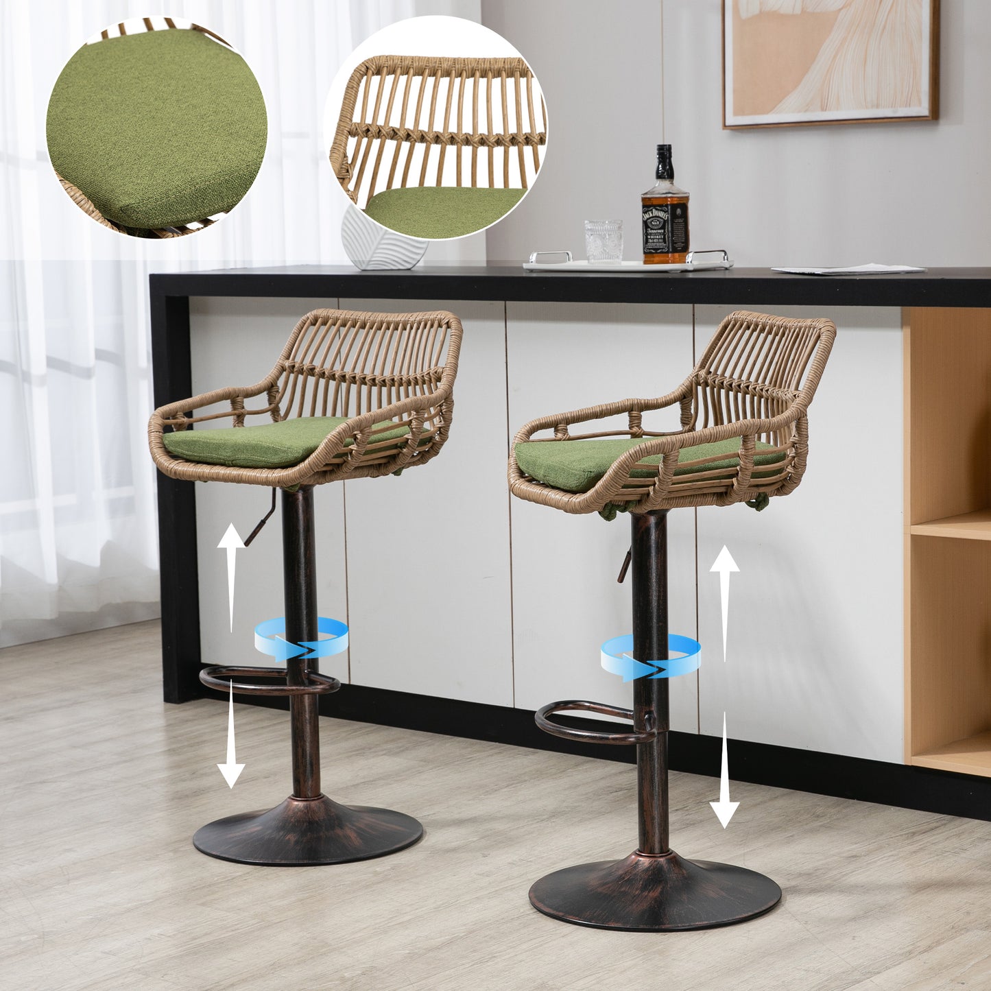 Modern Swivel Bar Stools Set Of 2 Adjustable Counter Height Chairs With Footrest For Kitchen, Dining Room  Green
