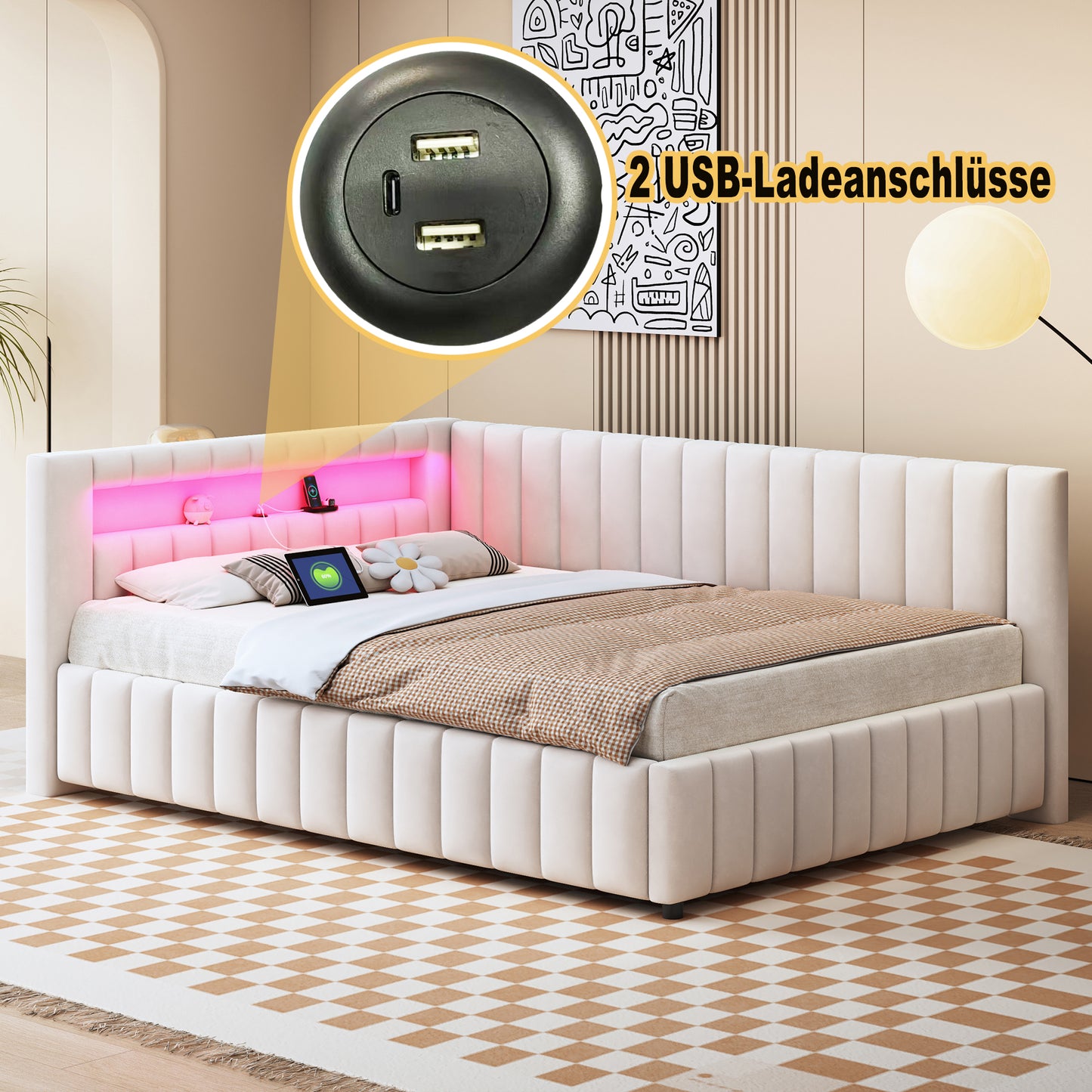 Upholstered Bed Sofa Bed 140x200, Upholstered In Velvet Fabric With LED Light And USB Charging Port, With Backrest, Headboard And Sturdy Bed Frame Beige